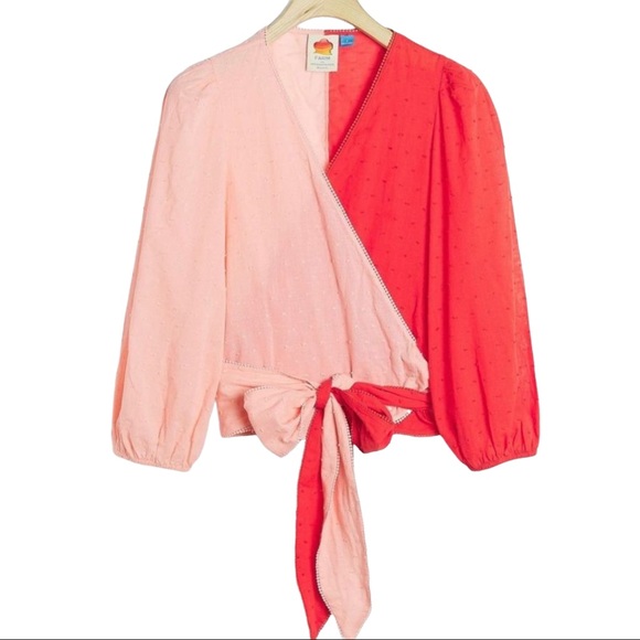NWT Anthropologie Farm Rio Pink & Red Colorblock Wrap Blouse Top Size Medium - Picture 4 of 12